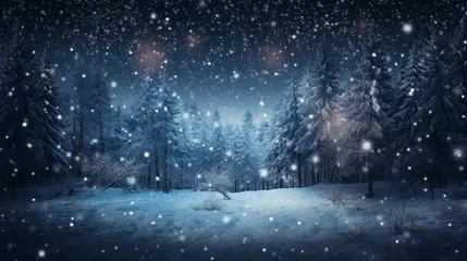 Fotobehang snowflakes falling in winter time in the forest background © CreativeImage