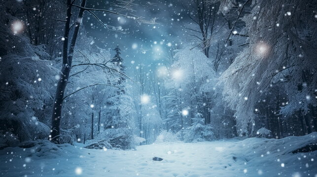 snowflakes falling in winter time in the forest background