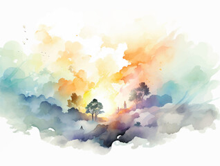 Obraz premium Watercolor illustration, religion, paradise landscape