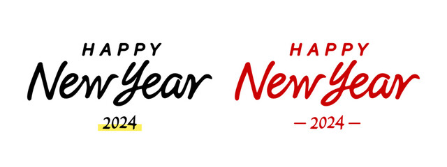 ハッピーニューイヤーの手書き風の文字。2024年の新年の線画テキスト。英語の筆記体のベクターイラスト素材
