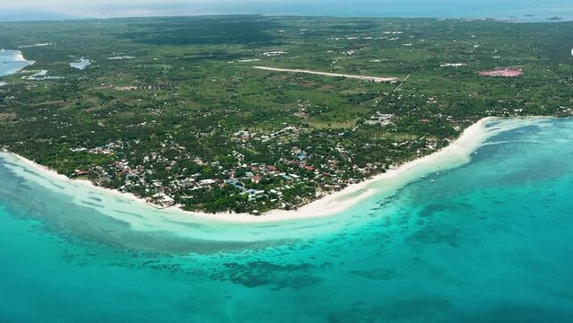 Aerial view of beautiful sandy beach on a tropical island. Kota Beach. Bantayan island, Philippines.