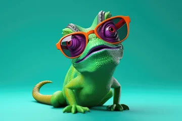 Foto op Plexiglas Cartoon chameleon with sunglasses on a green background. 3d illustration, Colorful chameleon on a branch over blurred nature background, AI Generated © Ifti Digital