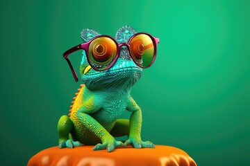 Cartoon chameleon with glasses on a green background. 3d rendering, Colorful chameleon on a branch over blurred nature background, AI Generated