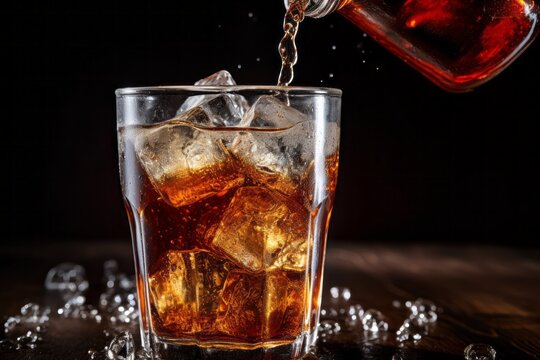 close-up image of pouring brown alcoholic beverage whiskey or bourbon or non-alcoholic soft drink into a glass with ice cubes