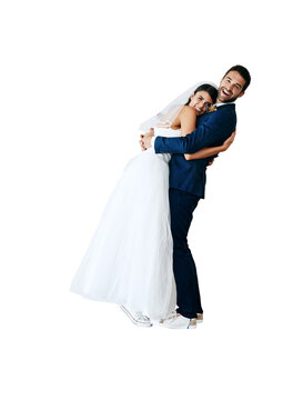 Portrait, hug and couple with marriage, celebration and bride with groom isolated on a transparent background. Romance, happy man or woman embrace, ceremony or romantic with relationship, png or love