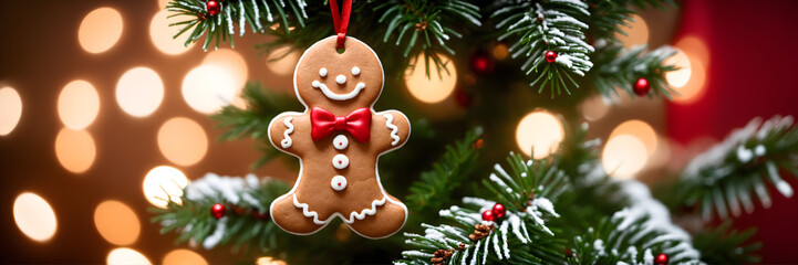 Gingerbread man cookie hanging in decorative Christmas tree. bokeh lights with copy space...