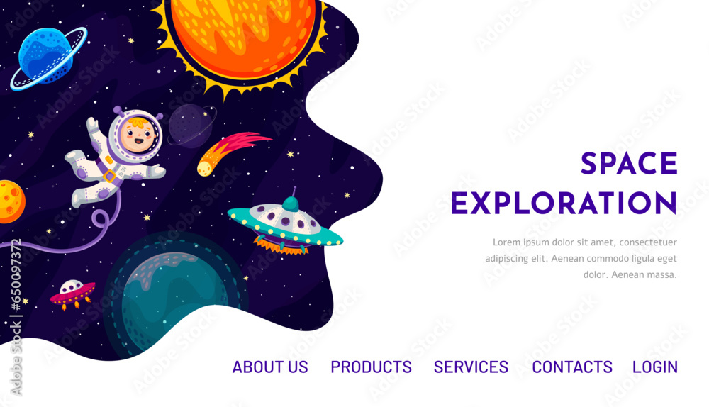 Aufkleber space galaxy exploration landing page. cartoon space planets, kid spaceman, ufo and starships. vecto