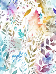 Fototapeta na wymiar Watercolor style colorful gradient leaves and floral branches on white background. Created with Generative AI technology.