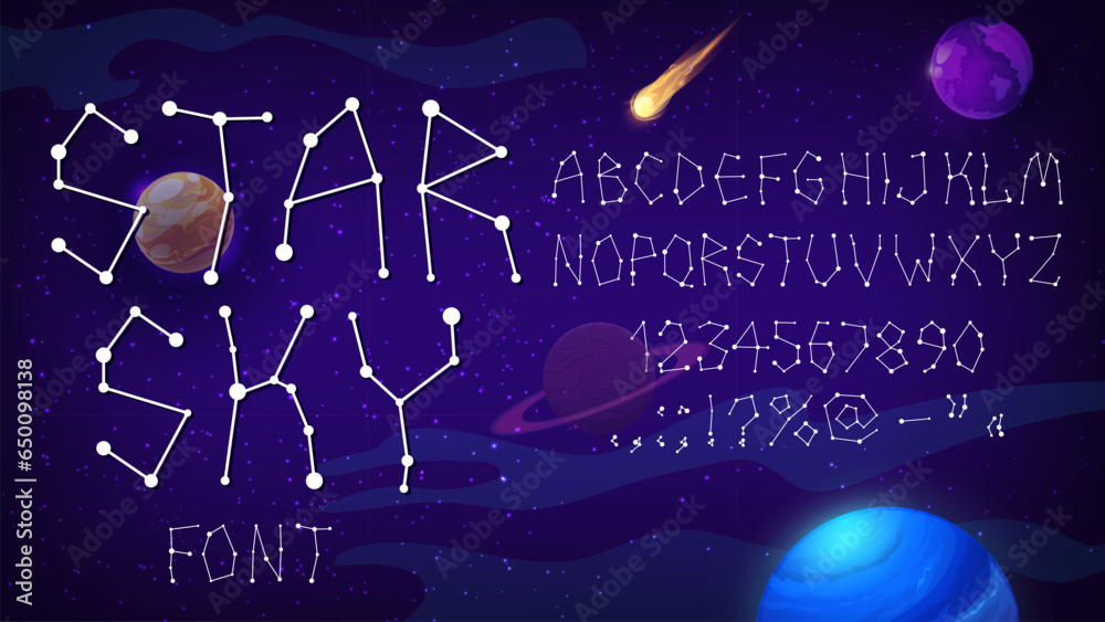 Fototapete universe type, star space font. starry typeface, galaxy english alphabet, vector typography. star co