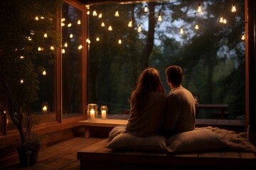 Obraz premium a couple sitting comfortably in the living-room with fairy lights in the evening, chilling, relaxing and spending romantic leisure time together