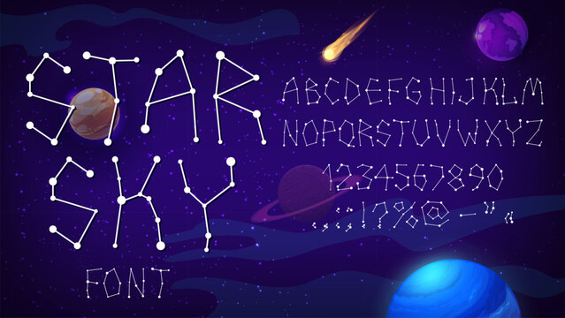 Universe type, star space font. Starry typeface, galaxy english alphabet, vector typography. Star constellation abc letters and numbers font set on dark space sky background with planets, asteroids