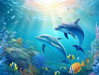 Breathtaking underwater world with dolphins, corals and fish. Created with Generative AI technology