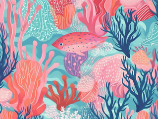 Naklejka premium Watercolor style cute vibrant sea life pattern with colorful coral reefs, fish and marine creatures. Created with Generative AI technology