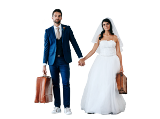 Suitcase, holding hands and couple in wedding outfit for ceremony, luxury event or party together. Romance, honeymoon and young bride and groom with bags isolated by transparent png background.