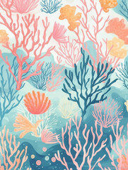Fototapeta na wymiar Watercolor style cute vibrant sea life pattern with colorful coral reefs, fish and marine creatures. Created with Generative AI technology