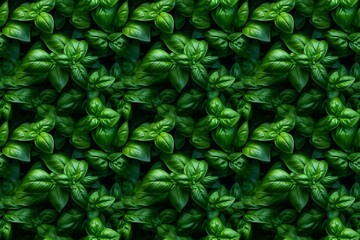 Fresh basil, seamless repeated pattern. Top view, flat lay, kitchen herbs and food background.