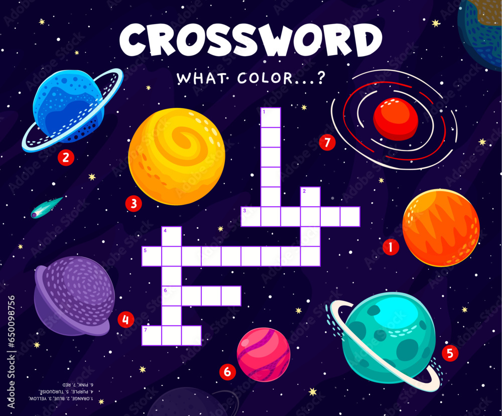 Poster crossword quiz game to find color of space planets and stars in cartoon starry galaxy, vector worksh