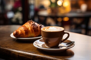 a small delicious sweet breakfast or snack at a cafe in the city: crispy butter croissant and a cup of milky cappuccino coffee or flat white latte