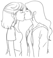 Lesbian couple cartoon kissing outline doodle