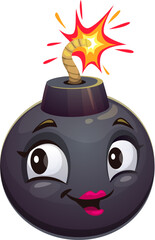 Cartoon bomb character. Explosive, weapon personage. Isolated vector dynamite ball with a feminine touch, featuring fiery burning fuse and red playful makeup lips. Adorable female flirting bomb