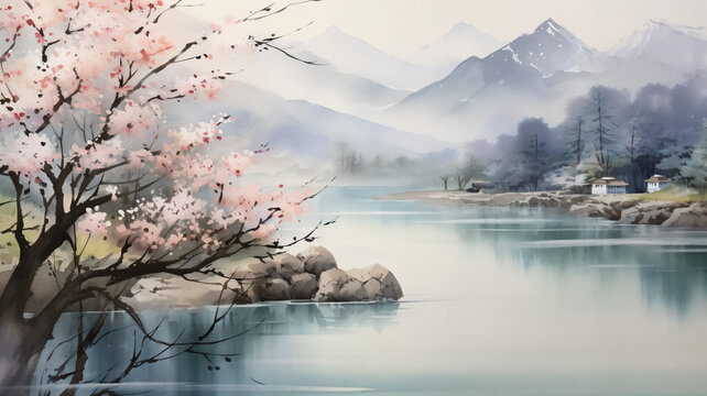 Celebrating Spring: Chinese Style Ink Painting Depicting the Beauty of the Season