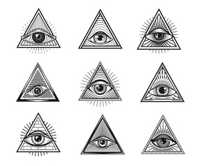 Illuminati eyes with mason pyramid. Triangle providence symbol, occult tattoo. Masonic lodge hand drawn vector symbol, esoteric and occult engraved tattoo or mystic seals set with eyes in pyramid