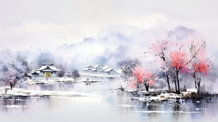 Chinese Ink Landscape Painting Depicting the Serenity of the Season