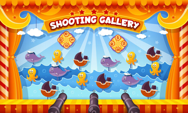 Carnival shoot game, amusement park booth targets, cartoon vector background. Shooting gallery game with sea octopus, ocean whale and ship boat for funfair carnival shooting game with cannon guns