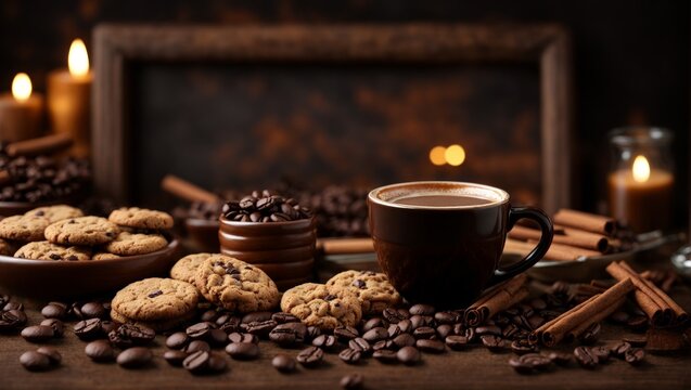 Image of coffee, with coffee beans, cookies, cinnamon sticks, and a little cup of freshly brewed coffee ready to enjoy