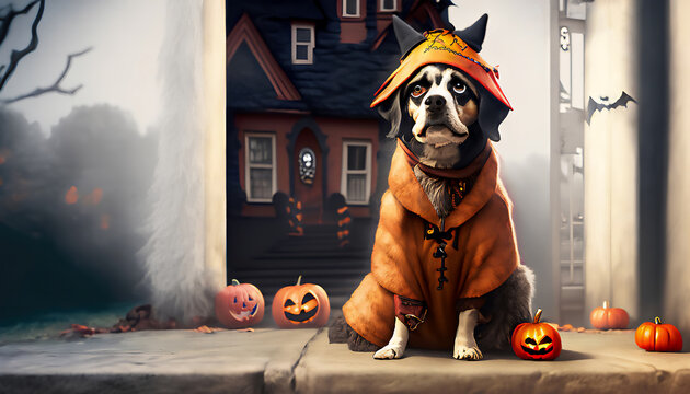 Dog wearing costume while sitting against house during Halloween.