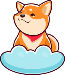 Cartoon kawaii cute pet shiba inu dog and puppy character perched on a fluffy cloud. Adorable vector japanese pup exuding charm with its innocent eyes and playful expression, pure joy and innocence