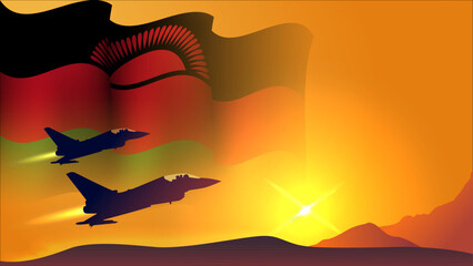fighter jet plane with malawi waving flag background design with sunset view suitable for national malawi air forces day event