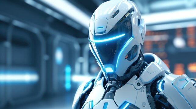 Combat robot in military metal armor. Futuristic cyborg security guard. Concept of technology, robotics, artificial intelligence and future.