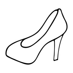 Shoe with a rounded toe. Side view. Sketch. Women's shoes with high heels. Vector illustration. Doodle style. Outline on isolated background. Coloring book for children. Ladies accessory. Lost shoe. 