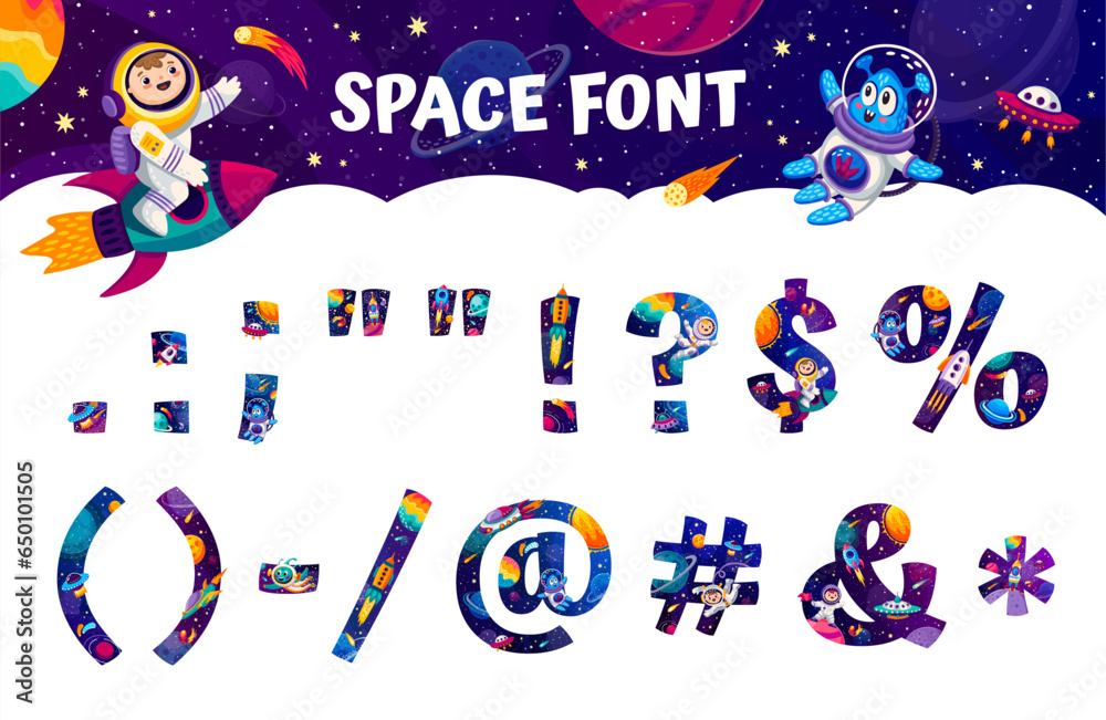 Poster Space font punctuation marks and symbols of cartoon galaxy universe type, vector typeface. Kid typeset font of punctuation marks, question and exclamation signs, commas and text brackets with percent