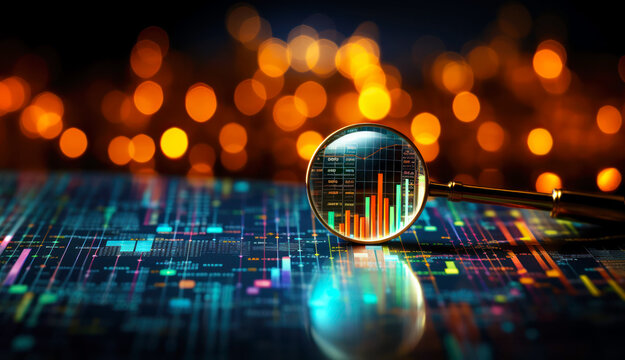 Some chart and magnifying glass focusing on a part of a data. Data analytics, collection, retrieval abstract concept