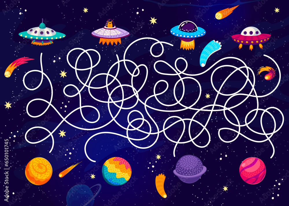 Poster labyrinth maze quiz game. help to ufo saucer find a home planet kids puzzle vector worksheet on star