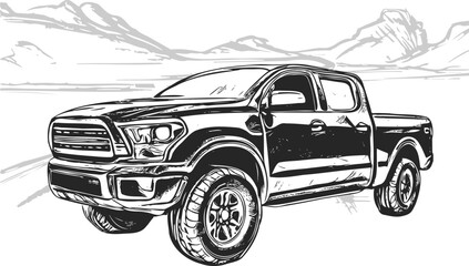 Vector artwork depicting a pickup truck in a flat design, conquering rugged mountain trails