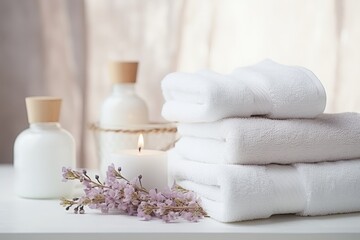 Fototapeta na wymiar cosmetology and hygiene toiletries and accessories: fluffy towels with herbal bags and beauty treatment items, setting in spa massage center in white room