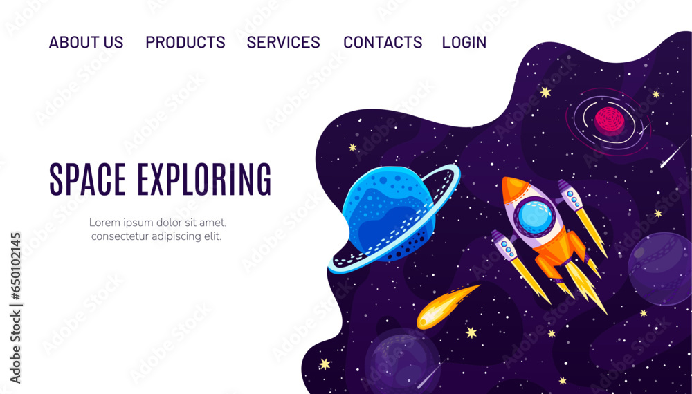 Poster Galaxy space adventure landing page with cartoon flying spaceship at starry galaxy, vector website background. Rocket in outer space to galactic planets for website landing page with menu buttons