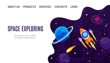 Galaxy space adventure landing page with cartoon flying spaceship at starry galaxy, vector website background. Rocket in outer space to galactic planets for website landing page with menu buttons