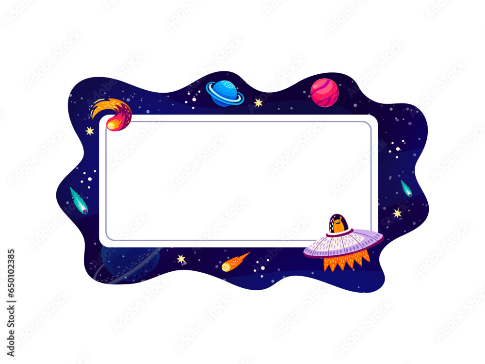Poster Cartoon frame with galaxy space planets and rockets in sky, vector copy space background. Galaxy spaceship with alien UFO, galactic planets, comets and asteroids in starry sky, cosmic frame border