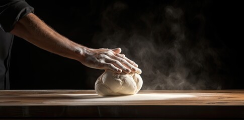 Hand is creating dough on an wooden table.