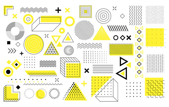 Geometric shapes background. Simple figures. Memphis design, retro elements for the Internet, advertising, commercial banner or poster. Abstract pattern with simple shapes