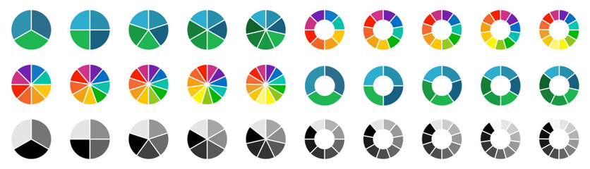Circle pie chart icons. Pie charts diagram. Colorful diagram. Set of different color circles isolated. Pie chart for data analysis, business presentation, UI, web design. Vector illustration - obrazy, fototapety, plakaty