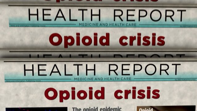 Opioid crisis painkiller abuse and opiates overdose problem vintage news and newspaper printing. Abstract concept retro headlines 3d.