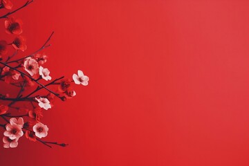 red flowers on a red background. Chinese New Year celebration.