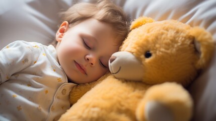 Adorable Bedtime Moments: Cute Kid Cuddling with Bear Doll to Fall Asleep