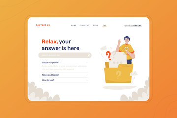 FAQ page with question folder illustration on landing page template