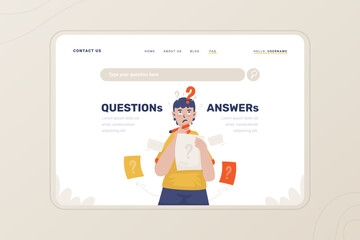 Question answer illustration on header FAQ website page template - obrazy, fototapety, plakaty